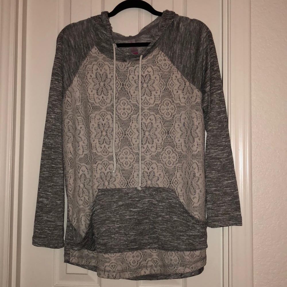 Gray Hooded Light Sweatshirt With Lace On Front